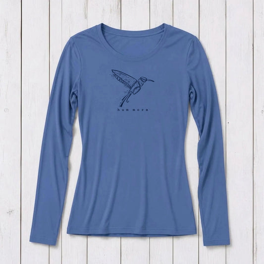 Uni-T blue long sleeve crew neck t-shirt made from soft bamboo and organic cotton blend on a white wooden background.