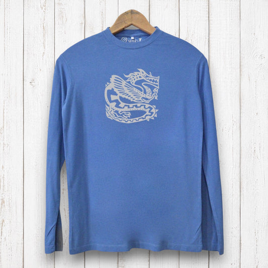 Uni-T blue long sleeve graphic tee featuring an intricate ancient dragon illustration on a rustic wooden background