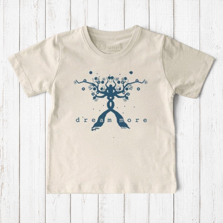 Uni-T kids organic cotton t-shirt in cream with a blue hand-illustrated tree design and Dream More text