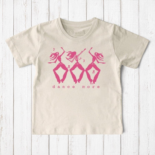 Uni-T kids organic cotton t-shirt in beige with a pink hand-illustrated dance more graphic print