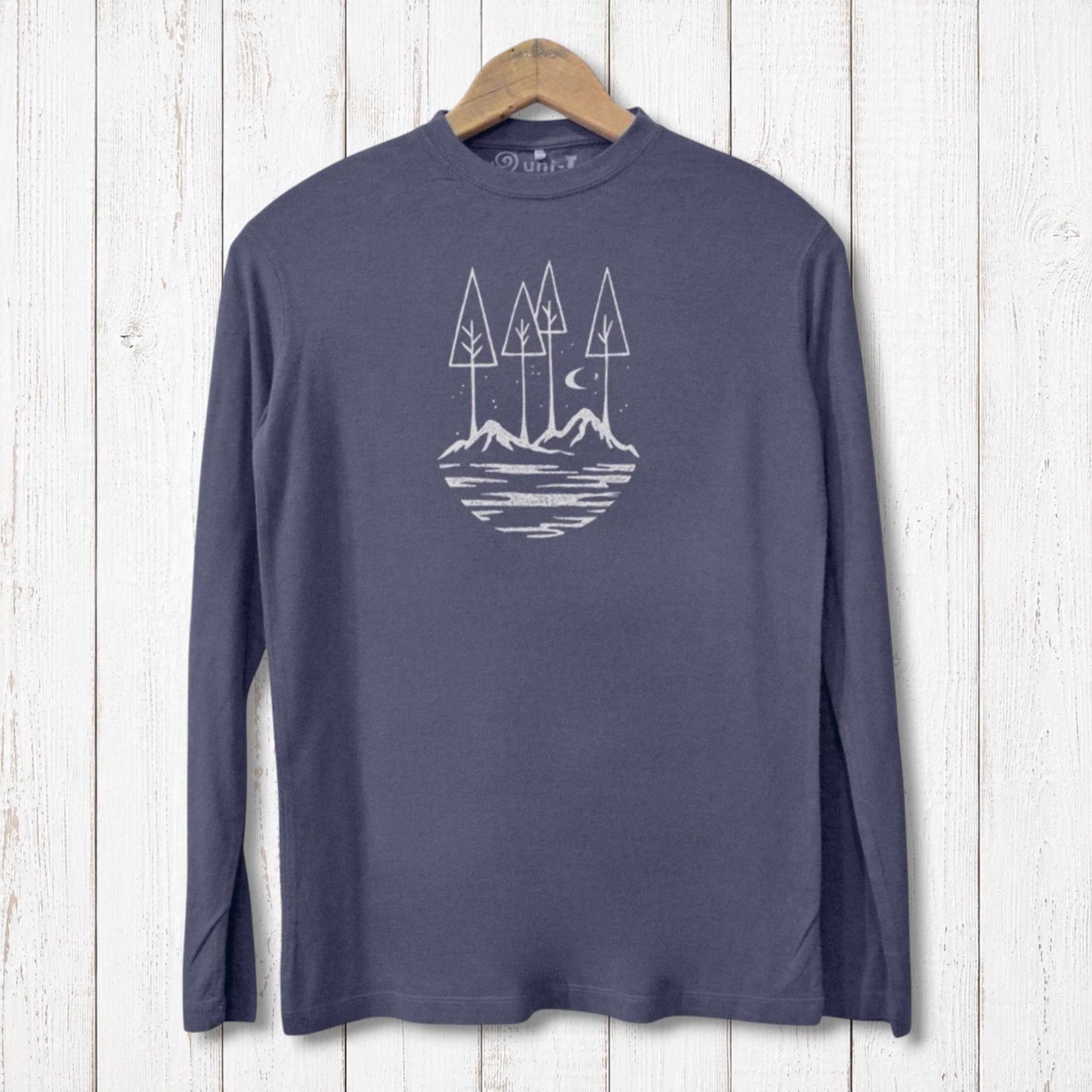 Uni-T long sleeve bamboo t-shirt in dark blue with a white nature-themed mountain and forest graphic print.