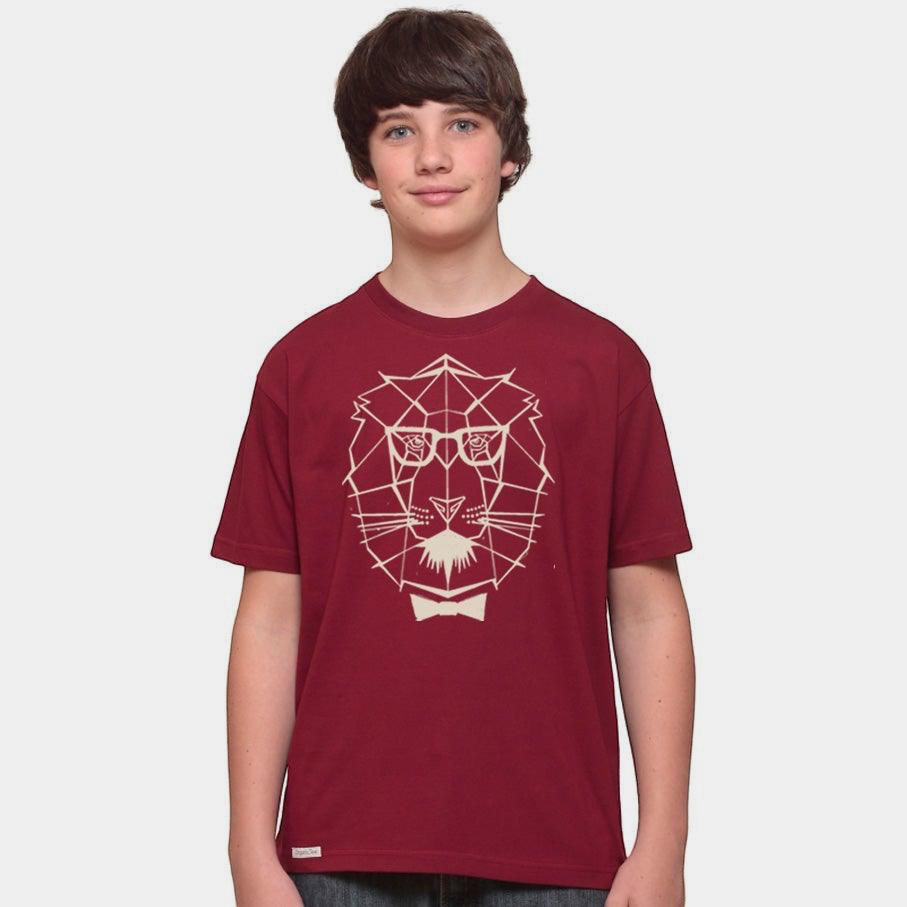 Boy wearing a Uni-T organic cotton maroon t-shirt featuring a white geometric lion graphic with glasses