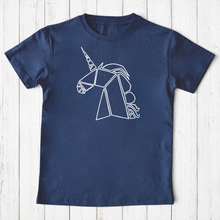 Uni-T kids navy blue organic cotton t-shirt featuring a white minimalist geometric unicorn line art illustration.
