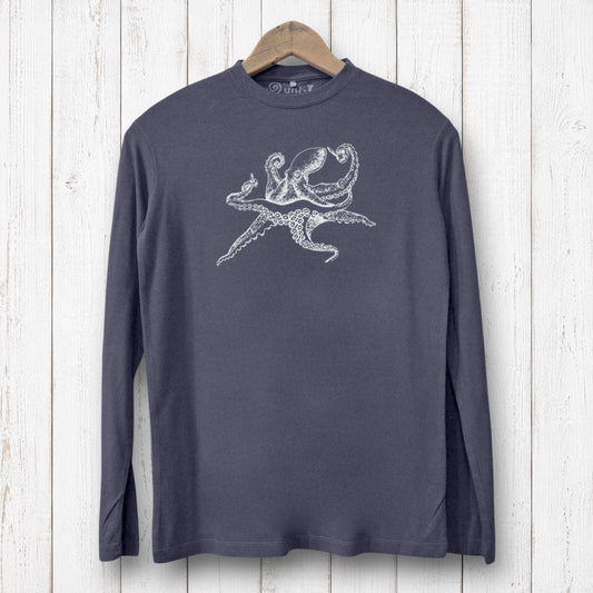 Uni-T men's long sleeve graphic t-shirt in dark grey with a white octopus illustration on a rustic wood background.