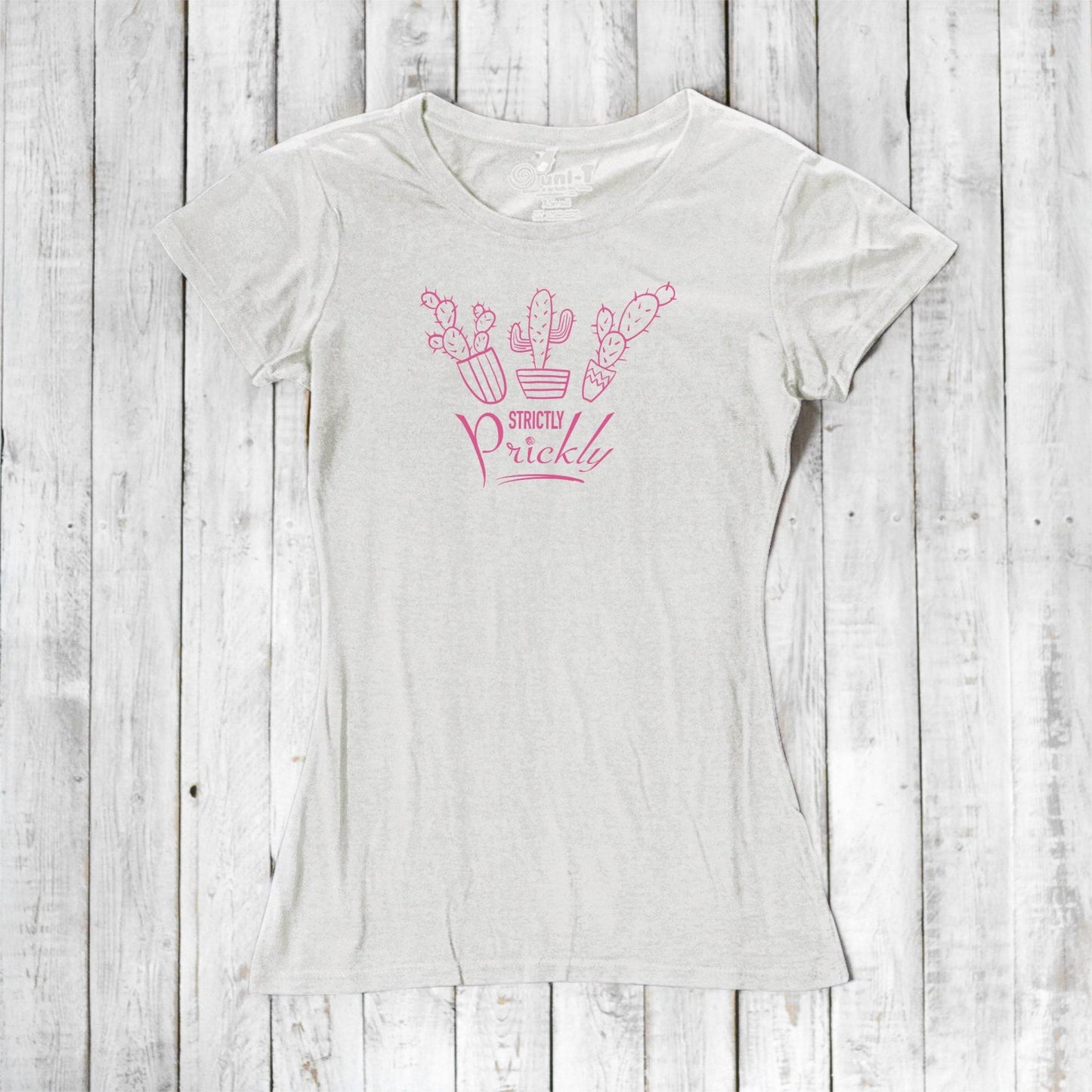 White cactus t-shirt for women with pink 'Strictly Prickly' print. Organic cotton and bamboo blend for sustainable and stylish comfort.