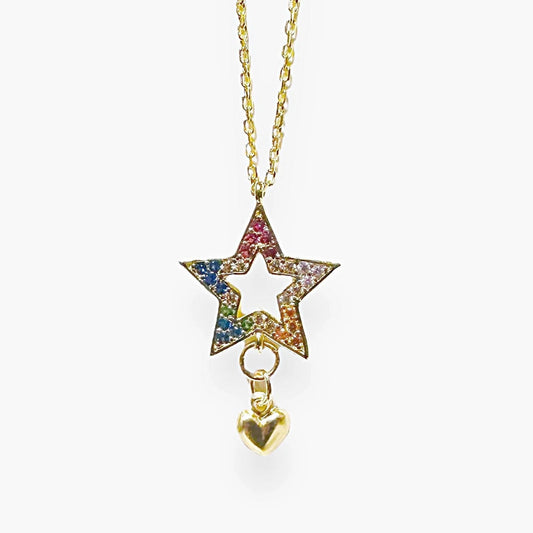 Front view of Cubic Zirconia Star Necklace on gold chain, showcasing rainbow-colored stones and a gold heart charm for versatile styling.