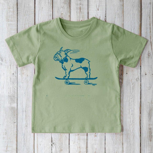 Light green Kids’ Organic Cotton T-Shirt featuring a blue French Bulldog on a skateboard. Sustainable Uni-T pet lover graphic tee.