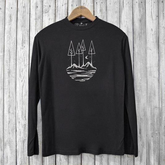 Black men's bamboo nature long sleeve t-shirt featuring minimalist mountain and forest design. Sustainable and soft eco-conscious apparel.