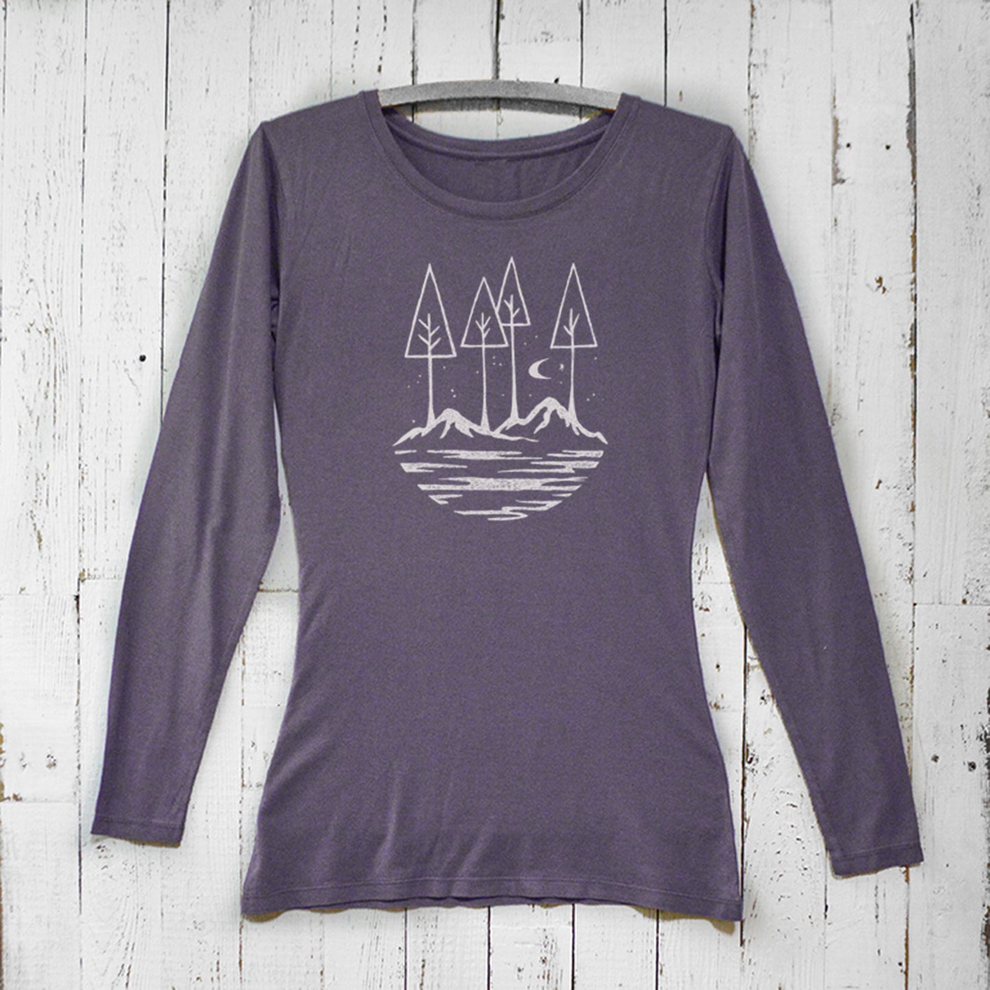 Purple women's bamboo and organic cotton long sleeve shirt with white mountain and tree graphic, soft sustainable top for nature lovers.