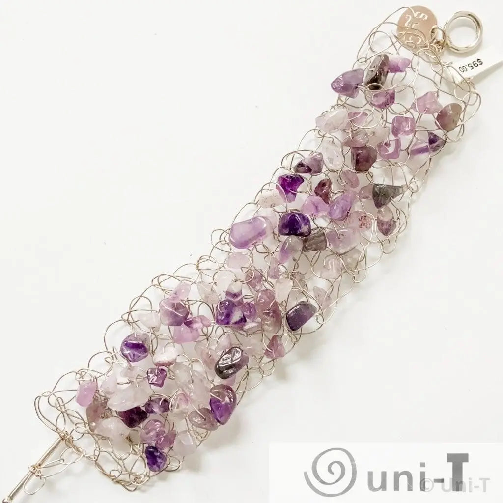 Amethyst chips wire crochet sterling silver cuff bracelet Sandrine Colson