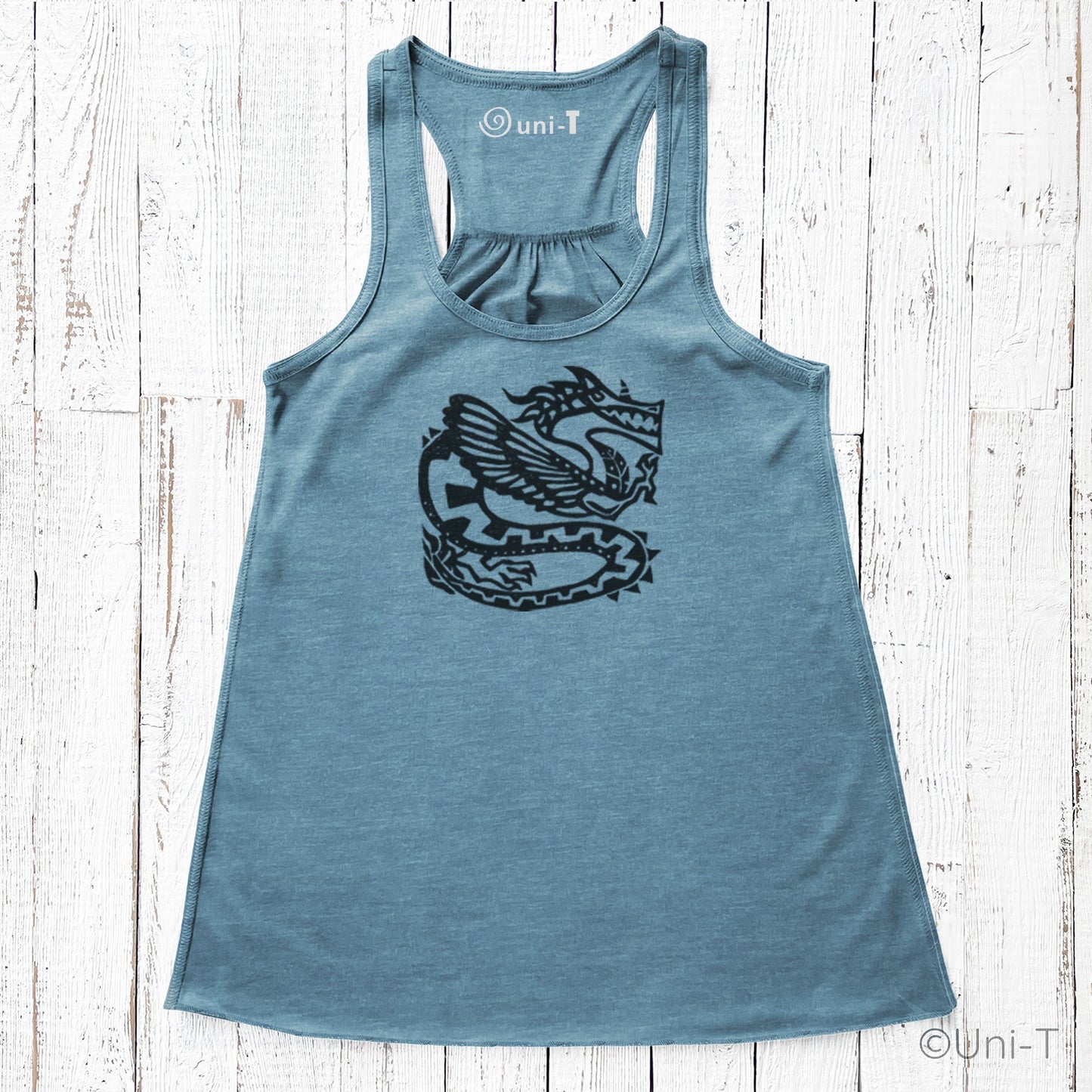Teal blue dragon tank top for women featuring a black mythical dragon print, perfect for expressing ancient wisdom and comfort.
