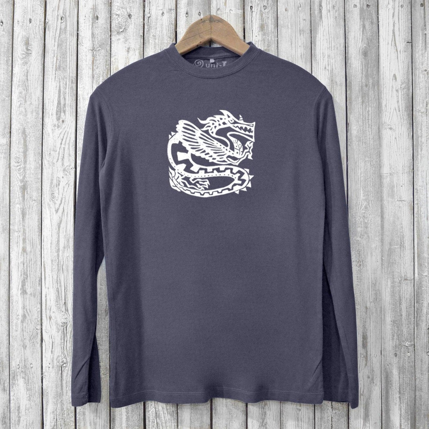 Charcoal Ancient Dragon Long Sleeve Bamboo T-Shirt for Men showcasing a white dragon print, made with breathable bamboo and organic cotton fabric.