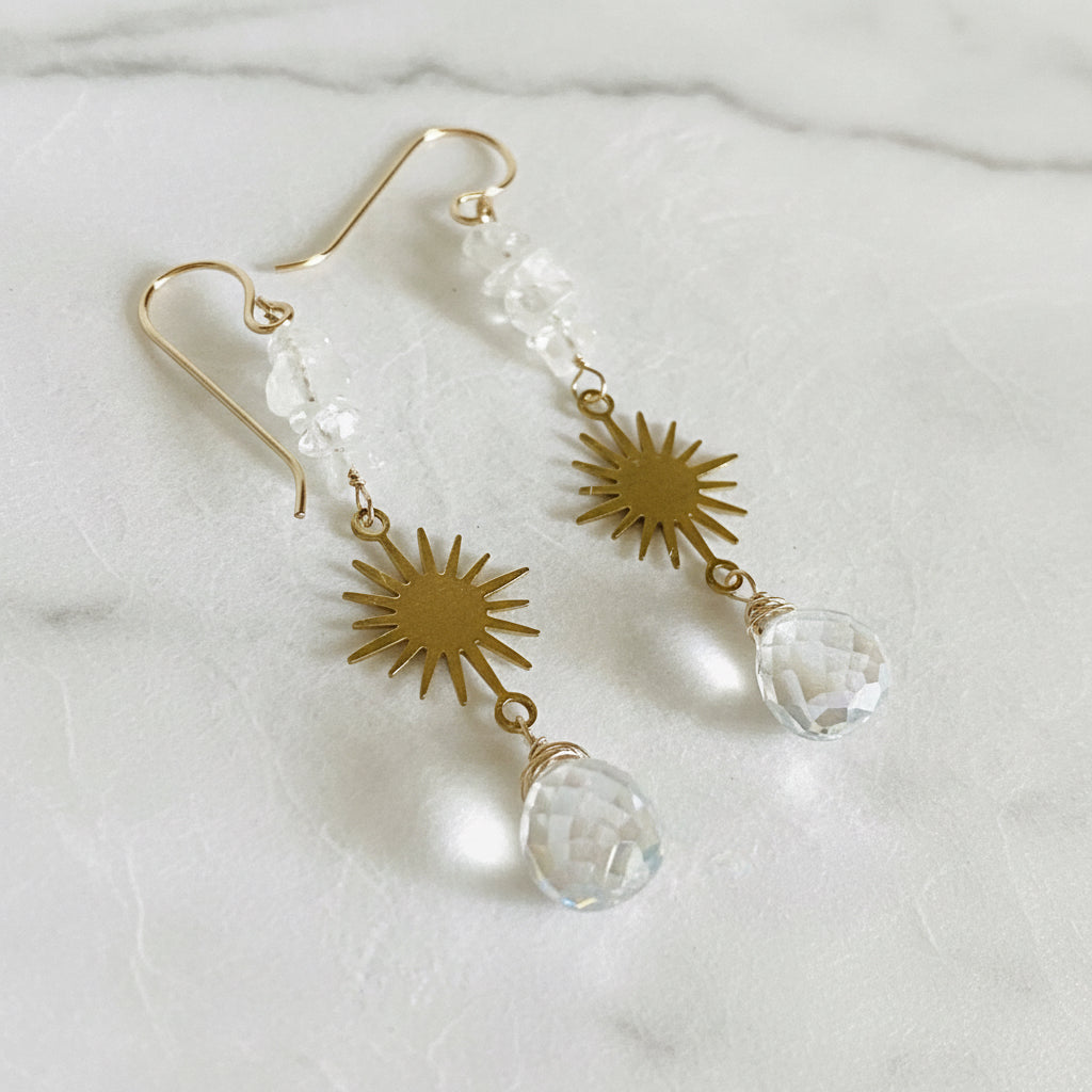 Angel Aura Quartz and Moonstone earrings with faceted drops, rough-cut stones, and gold-filled hooks. Elegant celestial-inspired gemstone jewelry.