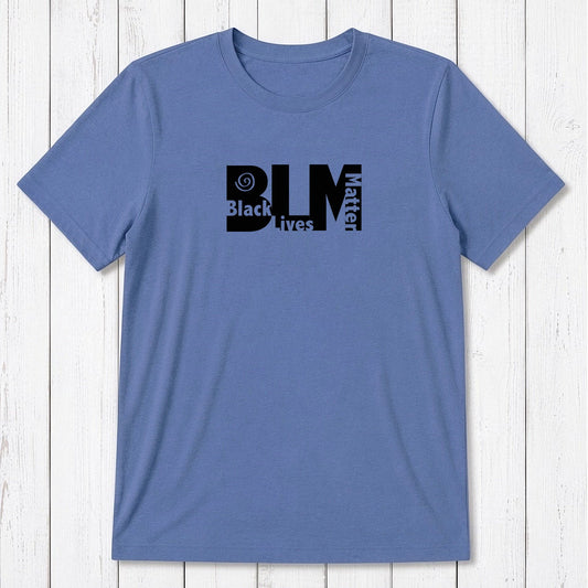 Men's BLM T-Shirt in blue bamboo & organic cotton featuring black Black Lives Matter graphic. Sustainable and empowering apparel for equality.