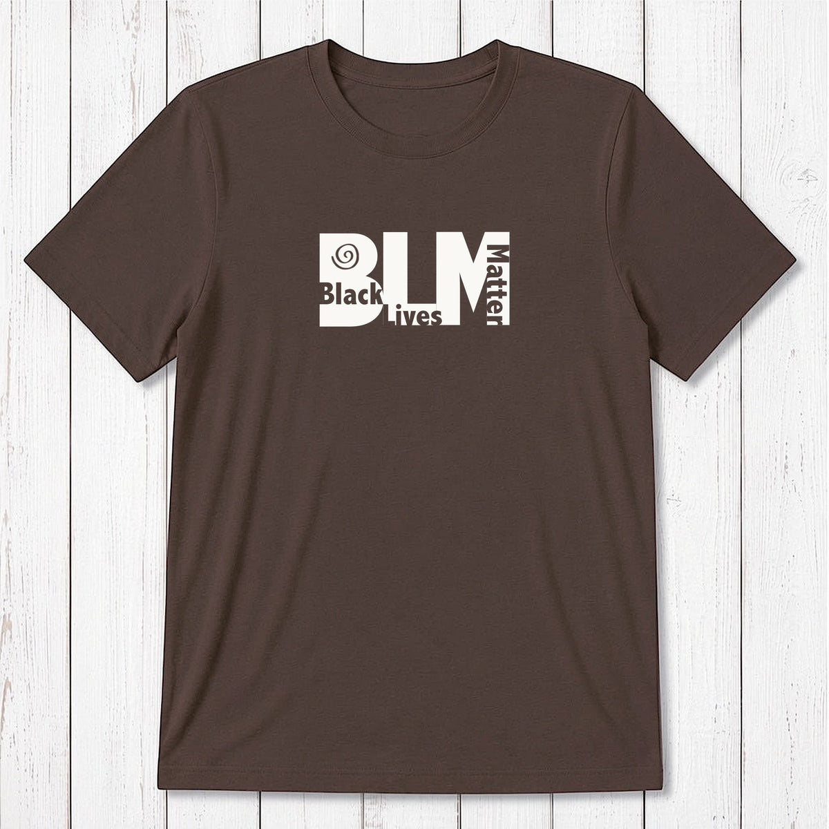 Men's brown Black Lives Matter T-Shirt in bamboo & organic cotton with white BLM graphic. Sustainable and bold tee for equality advocates.