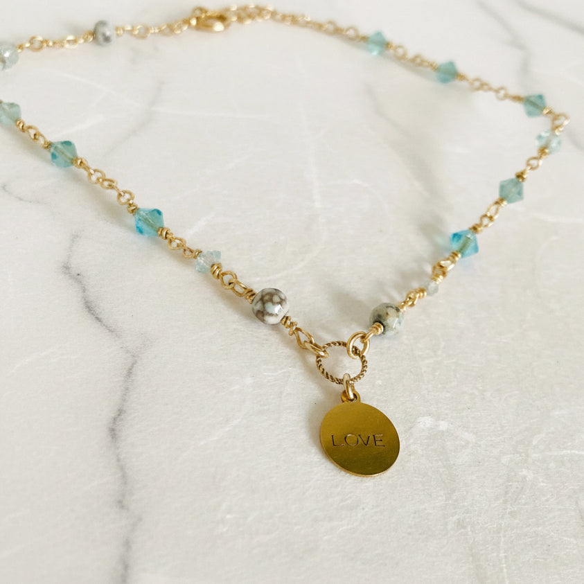Beaded Chain LOVE Necklace, Dainty Crystal and Pearl Necklace Janine Gerade