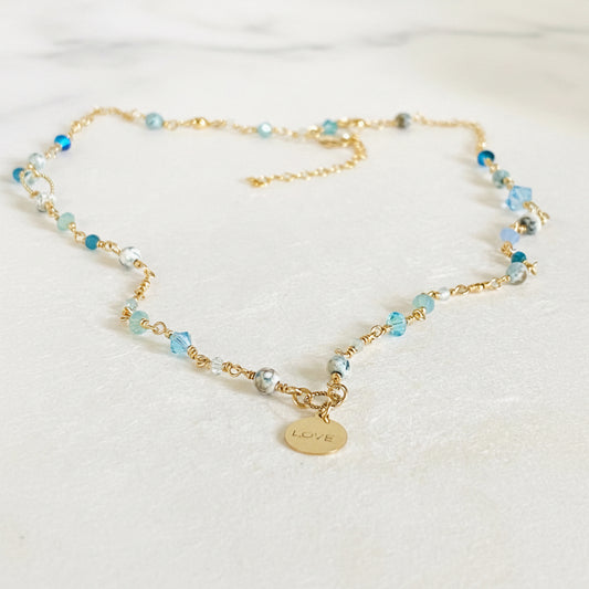 Beaded Chain LOVE Necklace, Dainty Crystal and Pearl Necklace Janine Gerade