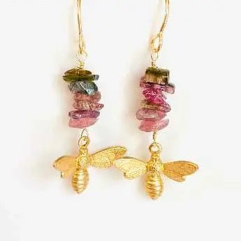 Handcrafted Tourmaline Bee Earrings with stacked gemstones and detailed golden bee pendants. Ideal for bee jewelry and gemstone earring lovers.