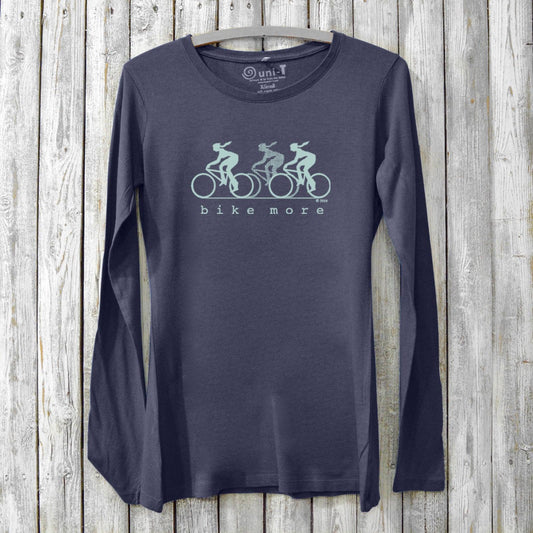 Navy Women's Bicycle Long Sleeve T-Shirt made from bamboo and organic cotton, featuring a mint green 'Bike More' cycling design.