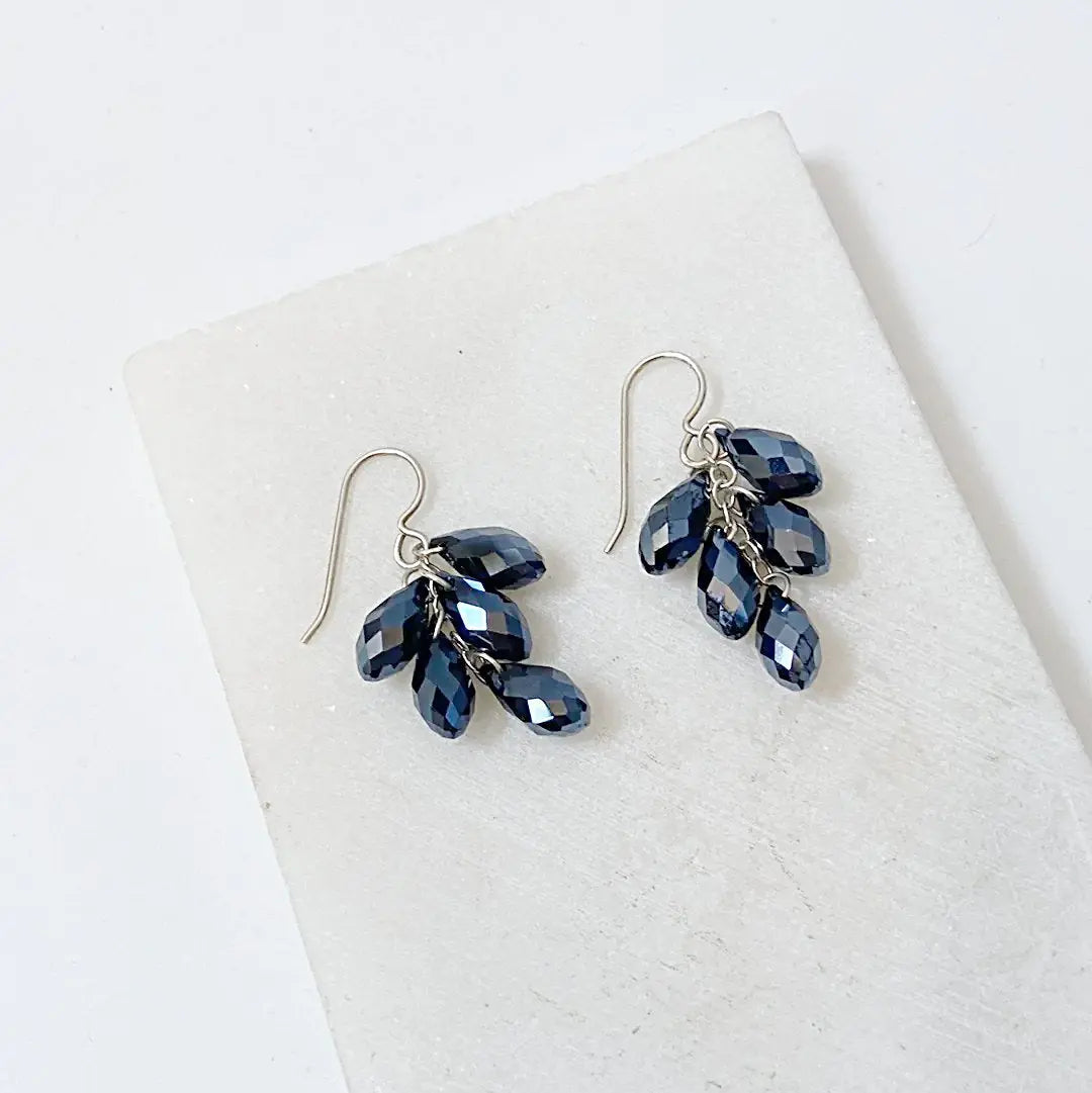 Pair of sterling silver earrings with faceted black crystals in a cascading cluster design, matching the Black Crystal Necklace.