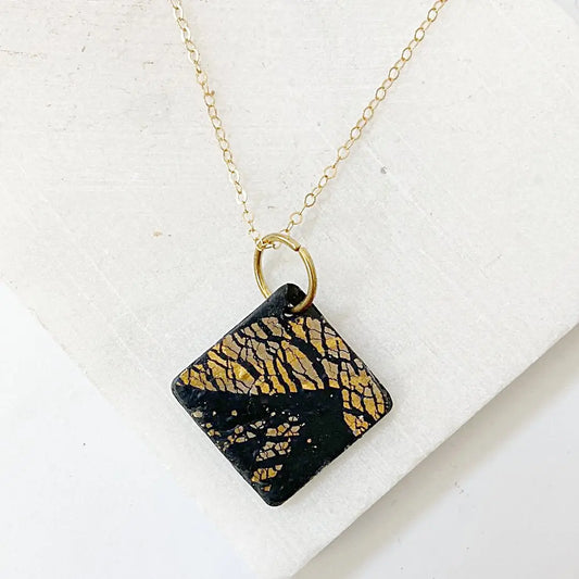 Black and Gold Polymer Clay Pendant Necklace Sandrine Colson