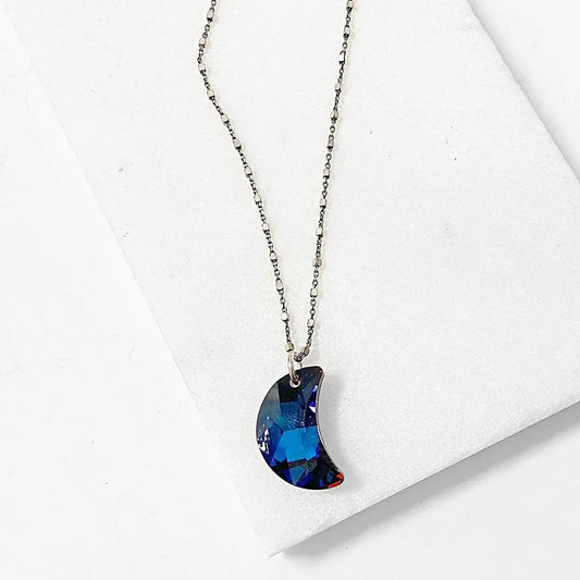 Blue Crystal Moon on Satellite Chain Sterling Silver Necklace Regina McGearty