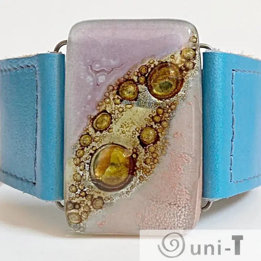 Blue Leather Cuff with Copper Recycled Fused Glass - Narrow Carolina Portillo