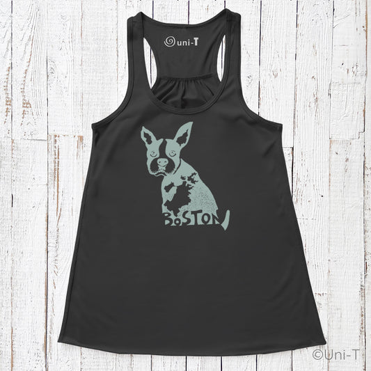Black Boston Terrier racerback tank top for women featuring Boston city map design. Soft, eco-friendly souvenir clothing.