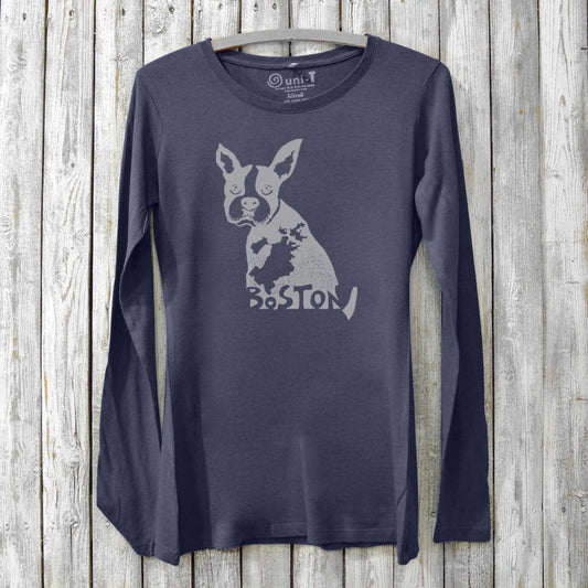 Navy women's long sleeve t-shirt featuring Boston Terrier and Boston map design. Sustainable bamboo and cotton blend, perfect dog lover gift.