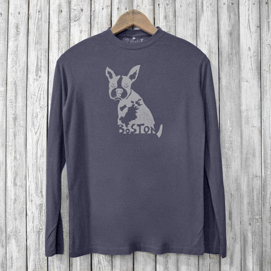 Eco-friendly men's long sleeve Boston Terrier shirt in charcoal, crafted from bamboo and organic cotton with light grey dog graphic print.