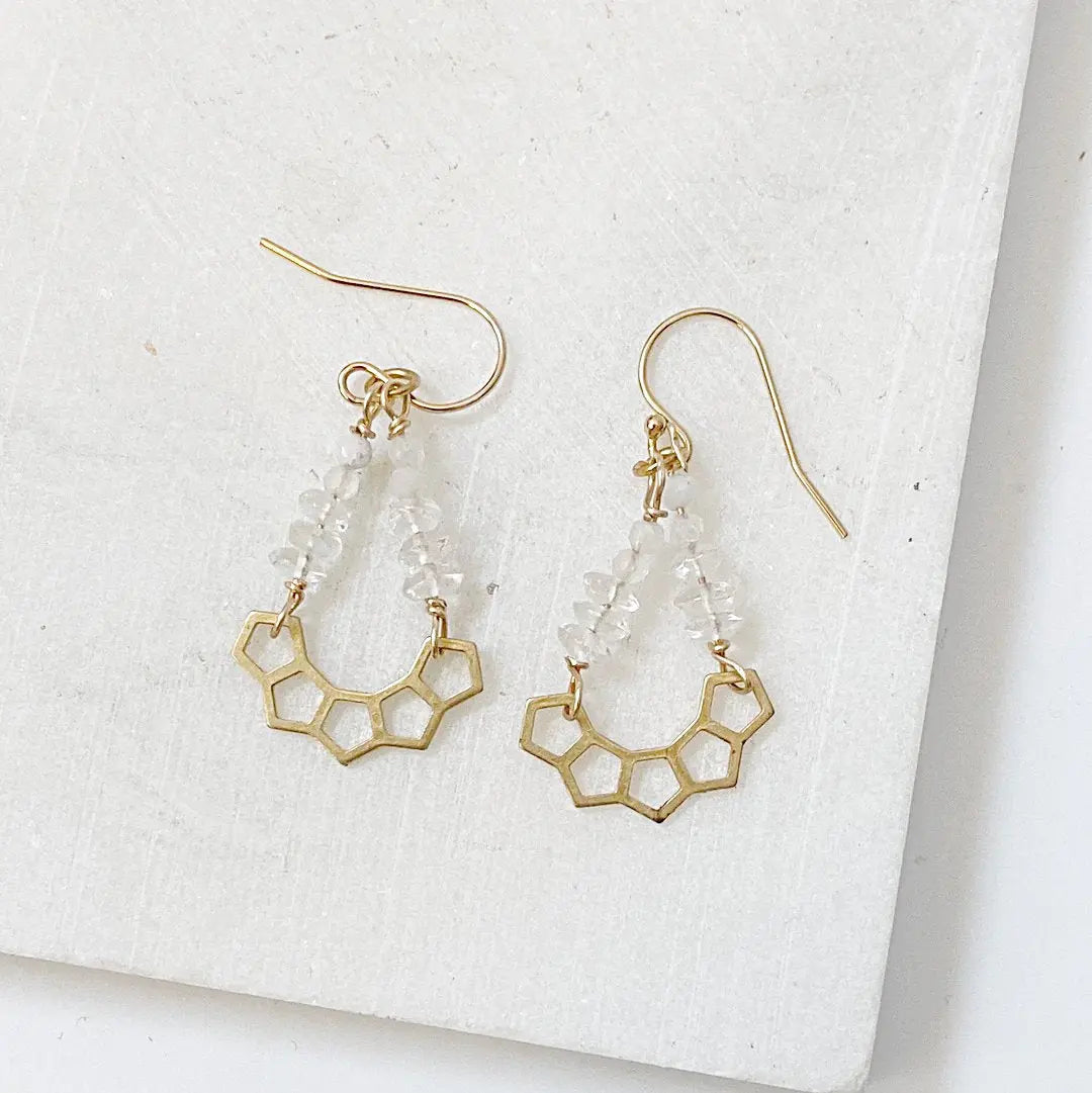 Brass Fan Quartz Earrings featuring a honeycomb brass design with clear quartz beads and gold wire wrapping. Elegant accessory for any occasion.