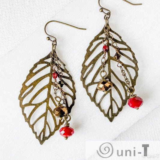 Brass Filigree Leaf Earrings with Glass Beads Lisa Trachtman