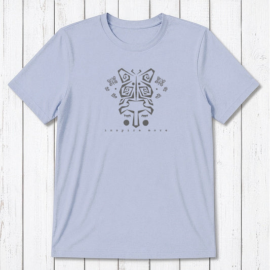 Light blue men's bamboo & organic cotton graphic tee with butterfly and hands design. 'Inspire More' message promotes transformation and mindfulness.