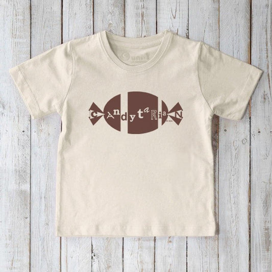 Cream Kids' Organic Cotton T-Shirt featuring brown candy graphic and playful 'Candytarian' text, sustainable humorous top for children.