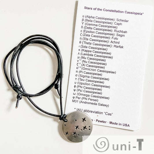 Cassiopeia Constellation Necklace with star chart card showing Greek letter labels, perfect science jewelry gift for stargazers.