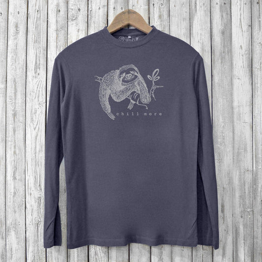 Charcoal grey Sloth Long Sleeve T-shirt for men featuring 'Chill More' text and sloth print, crafted from soft bamboo and organic cotton blend.