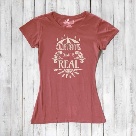 Women's Climate Change T-Shirt in bamboo & organic cotton, terracotta color with bold 'Climate Change is Real' eco-activist graphic print.