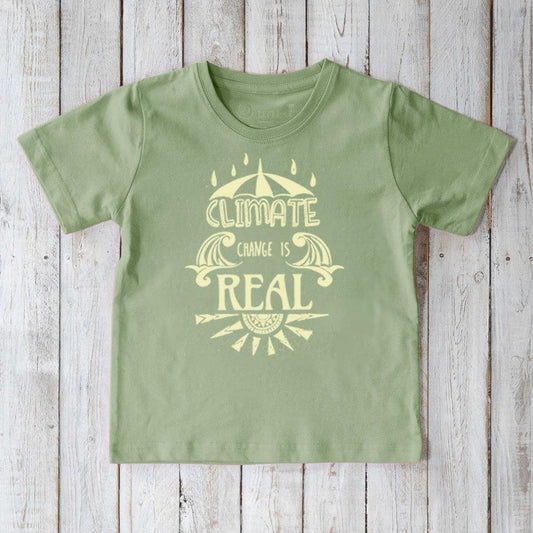 Green Kids' Organic Cotton T-Shirt with light yellow 'Climate Change Is Real' design. Sustainable environmental awareness shirt for kids.