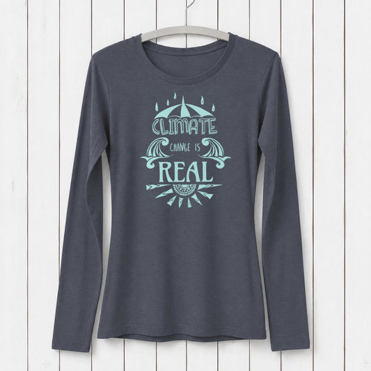 Women's Climate Change Long Sleeve T-Shirt in navy bamboo and organic cotton with 'Climate Change is Real' graphic. Eco-conscious activist apparel.