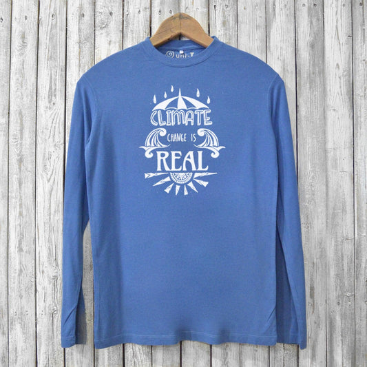 Blue Men's Climate Change T-Shirt - Sustainable Graphic Tee featuring bold eco-message, crafted from bamboo and organic cotton for comfort and impact.
