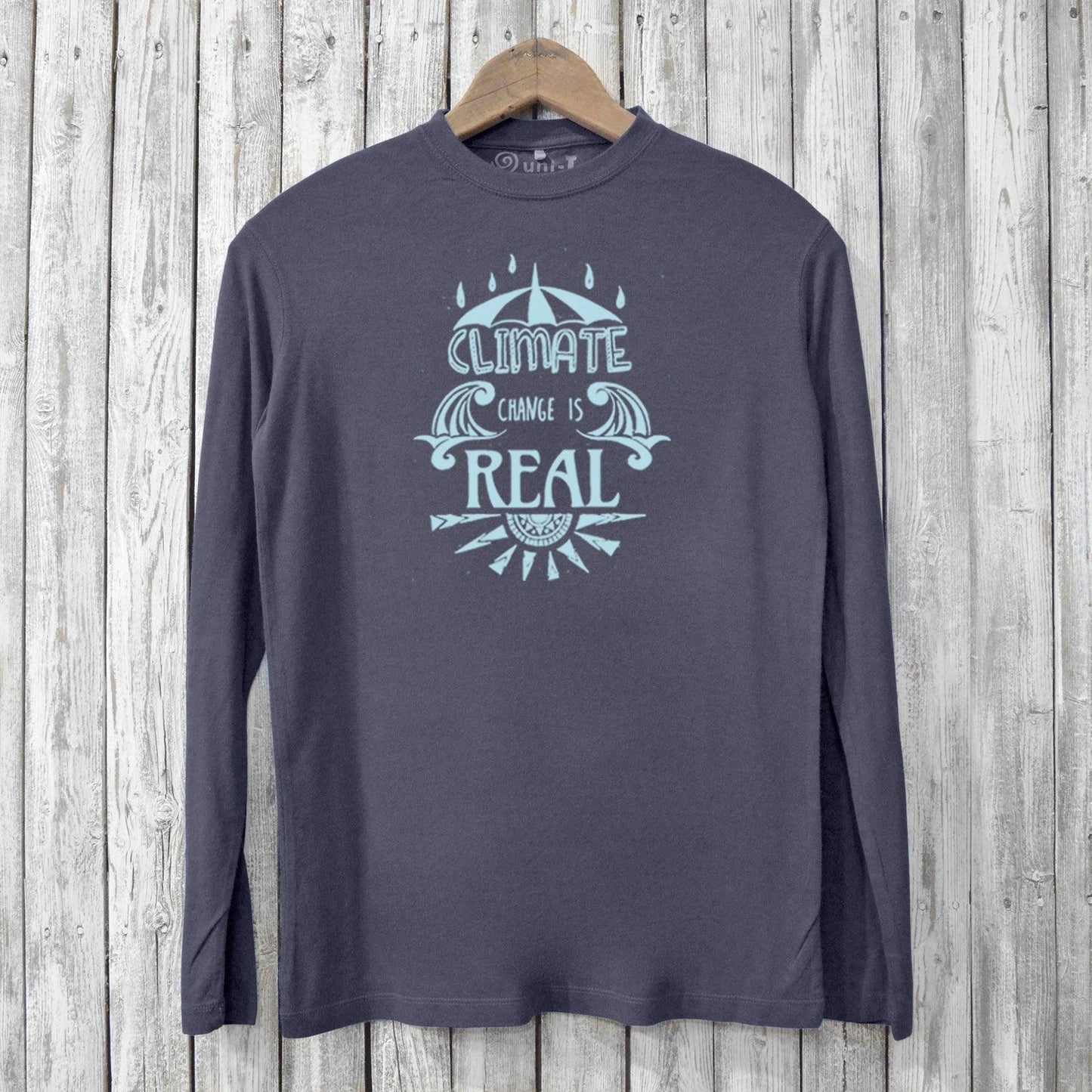 Charcoal Men's Climate Change T-Shirt - Sustainable Graphic Tee with eco-conscious slogan, ideal for rallies or casual wear, made from bamboo and cotton.