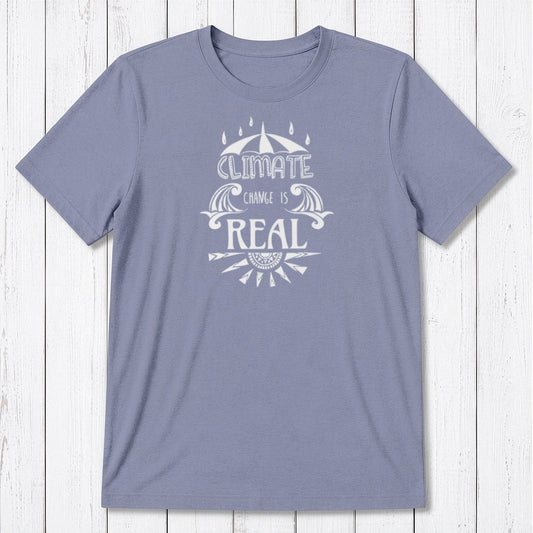 Sustainable men's bamboo & organic cotton T-shirt in lavender with 'Climate Change is Real' print. Ideal gift for environmental advocates.