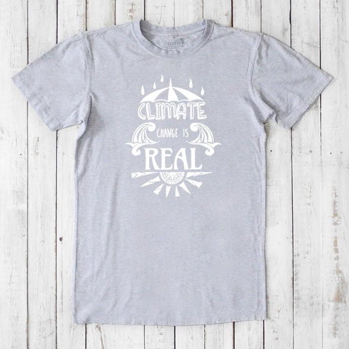 Heather gray men's bamboo & organic cotton T-shirt with white 'Climate Change is Real' design. Comfortable eco-friendly activist wear.