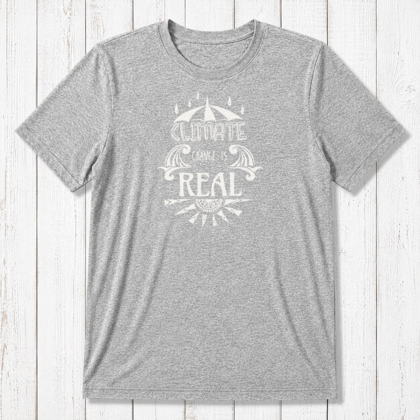 Heather gray men's bamboo & organic cotton T-shirt with white 'Climate Change is Real' design. Comfortable eco-friendly activist wear.