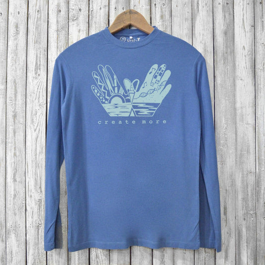 Create More T-shirts for Men - Bamboo Long Sleeve in ocean blue featuring creative hand illustration, made from organic cotton and bamboo blend.
