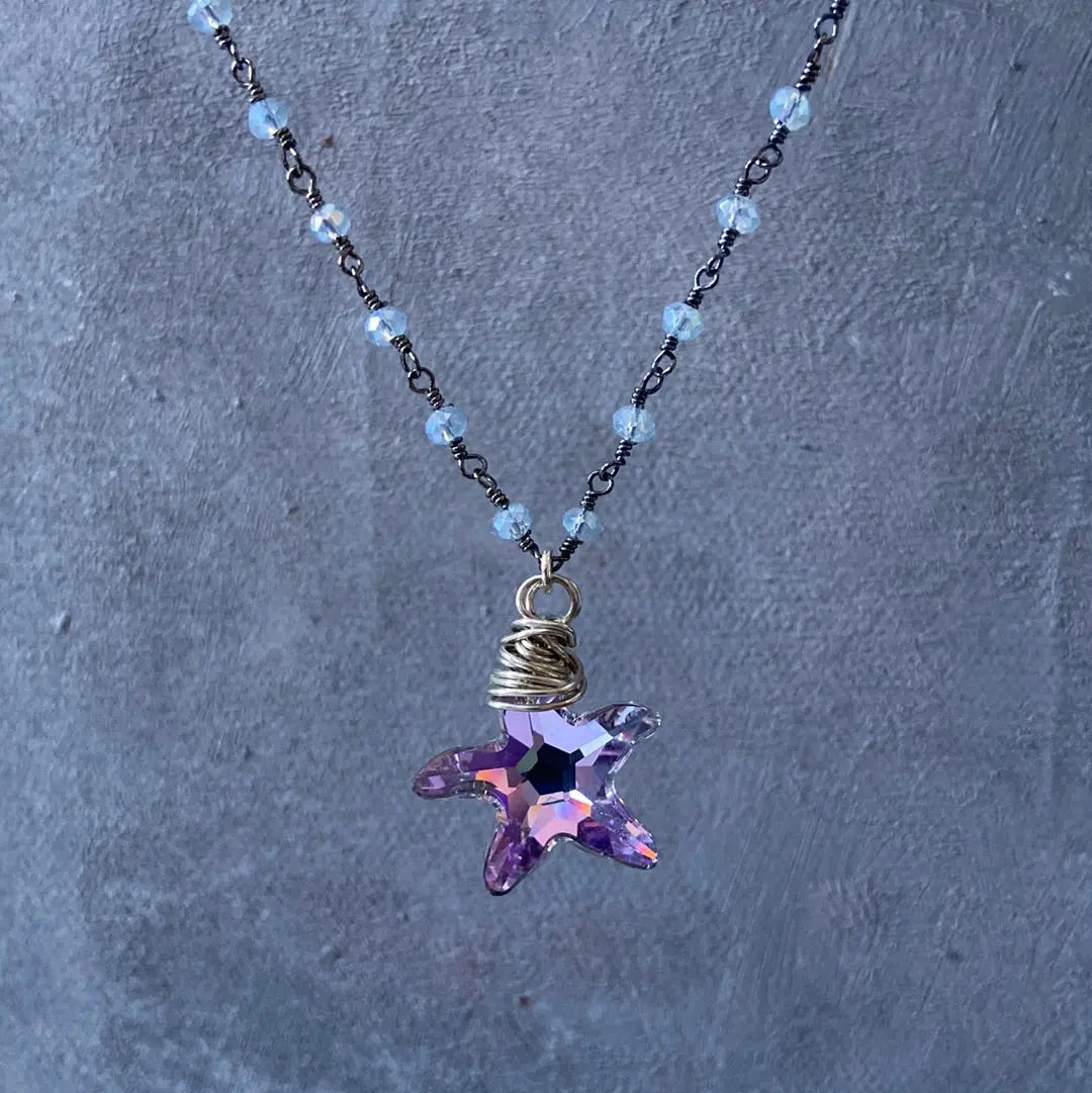 Crystal Starfish, Gray Jade, Sterling Silver Necklace Regina McGearty