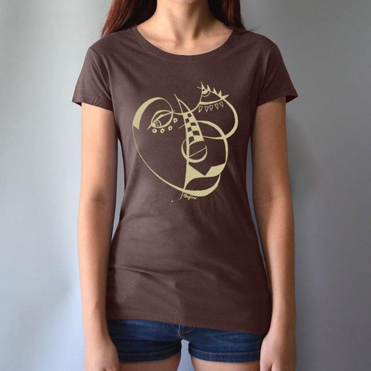 Women's Cubism Face T-Shirt in bamboo and organic cotton in dark brown with abstract face design. Sustainable graphic tee for artists and creators.