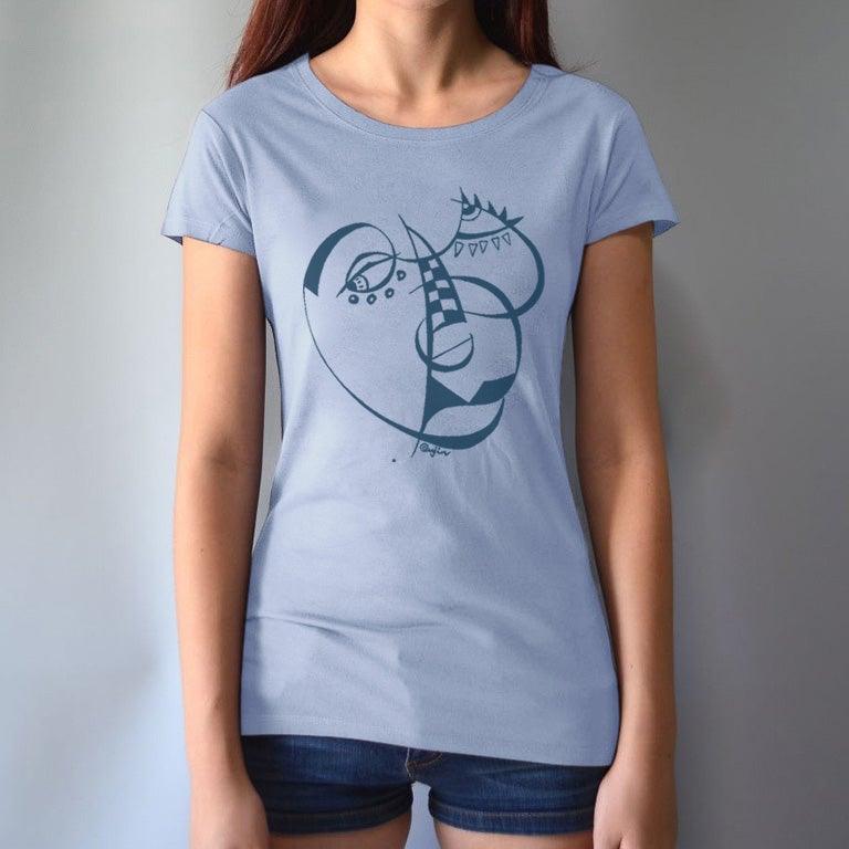 Women's Cubism Face T-Shirt in bamboo and organic cotton in light blue with navy abstract face. Sustainable fashion for modern art enthusiasts.