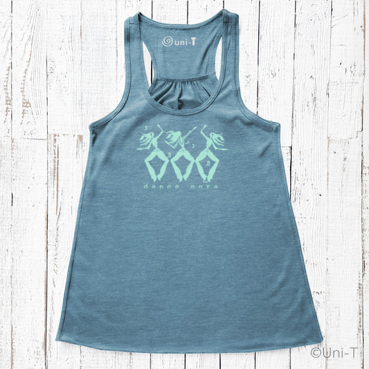 Blue 'Dance More' flowy tank top for women featuring mint green dancer design, ideal for movement and breathable performance wear.