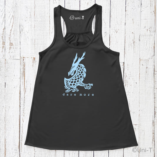 Black Dragon Flowy Tank Top for Women featuring light blue dragon design and racerback cut. Ideal for bold, adventurous fashion statements.